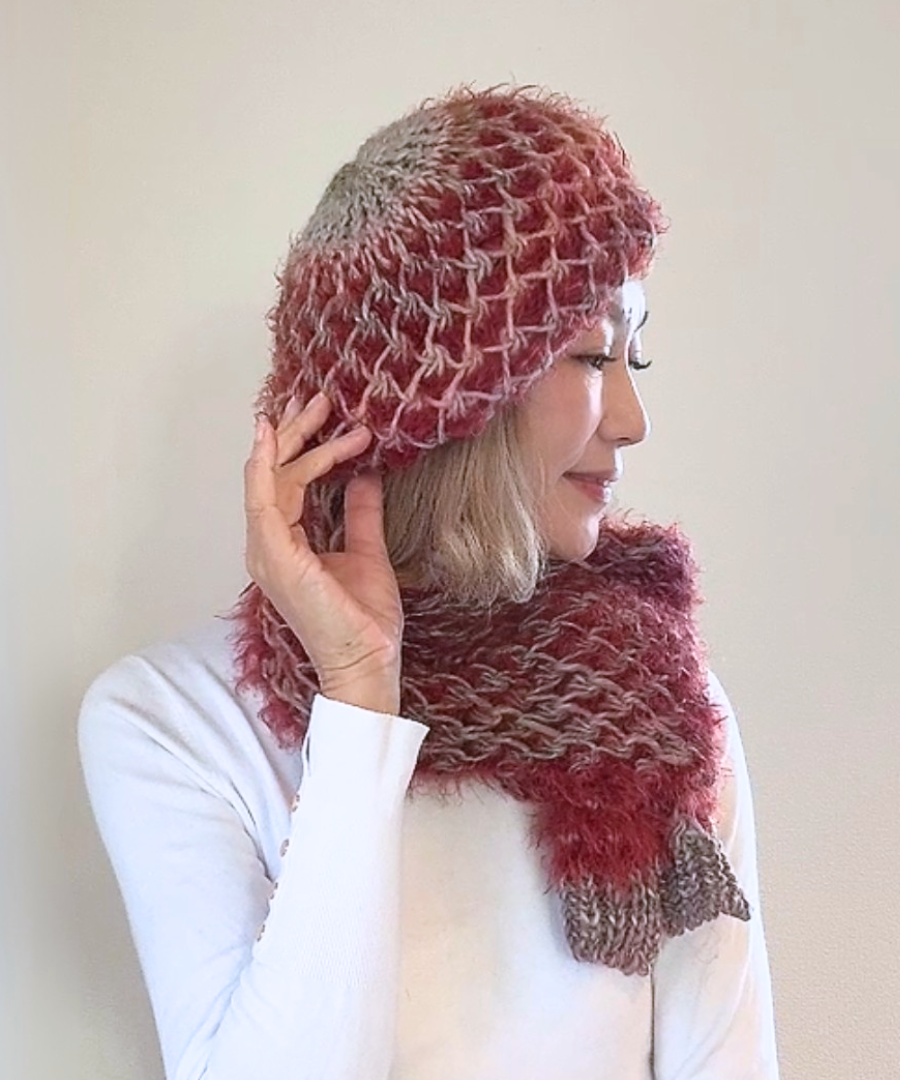 イタリア製 ニット｜ストール＆ベレー セット｜ボルドー・メランジュ