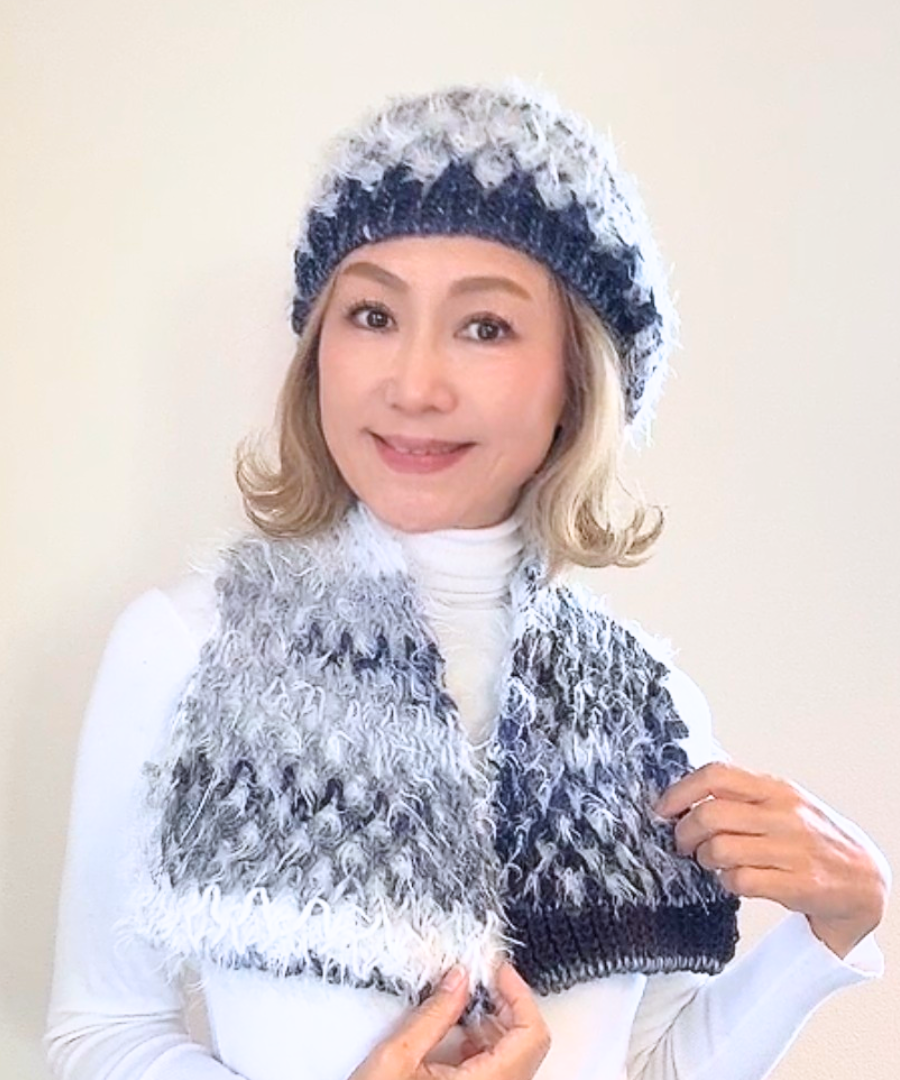 イタリア製 ニット｜ストール＆ベレー セット｜ネイビー・アイスホワイト