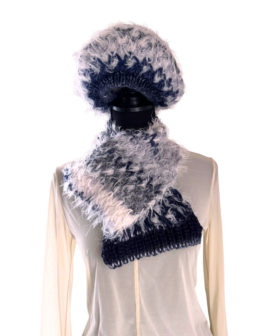 イタリア製 ニット｜ストール＆ベレー セット｜ネイビー・アイスホワイト