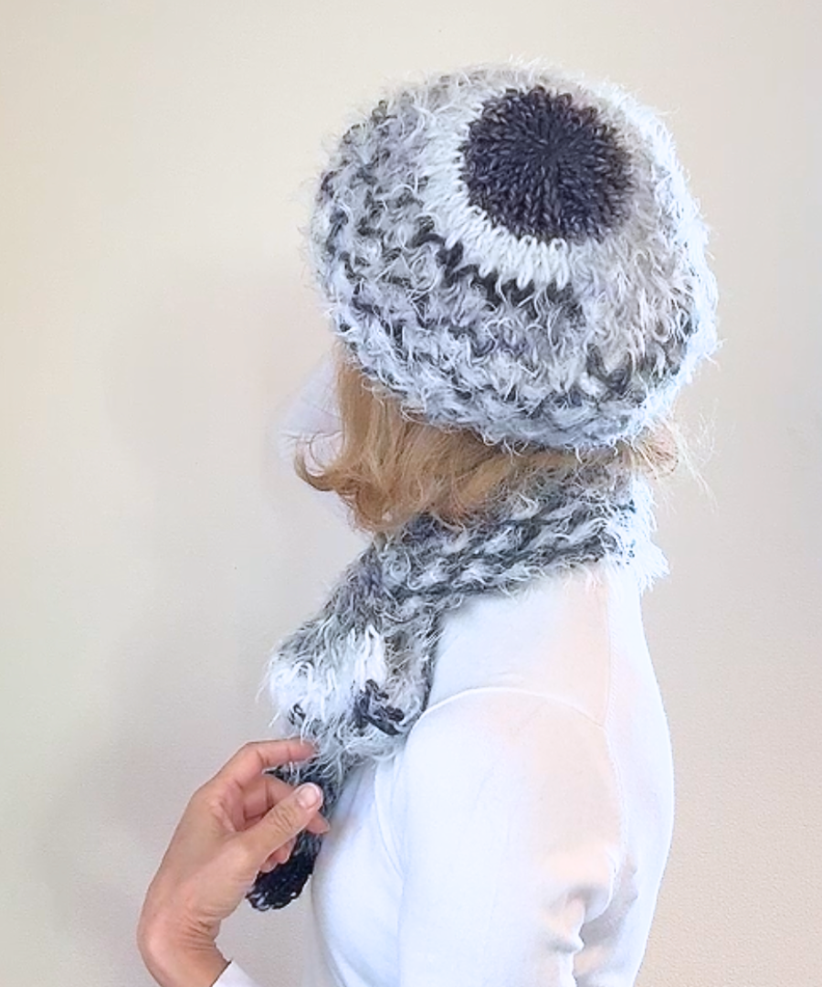 イタリア製 ニット｜ストール＆ベレー セット｜ネイビー・アイスホワイト