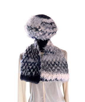 イタリア製 ニット｜ストール＆ベレー セット｜ネイビー・アイスホワイト