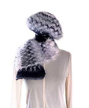 イタリア製 ニット｜ストール＆ベレー セット｜ネイビー・アイスホワイト