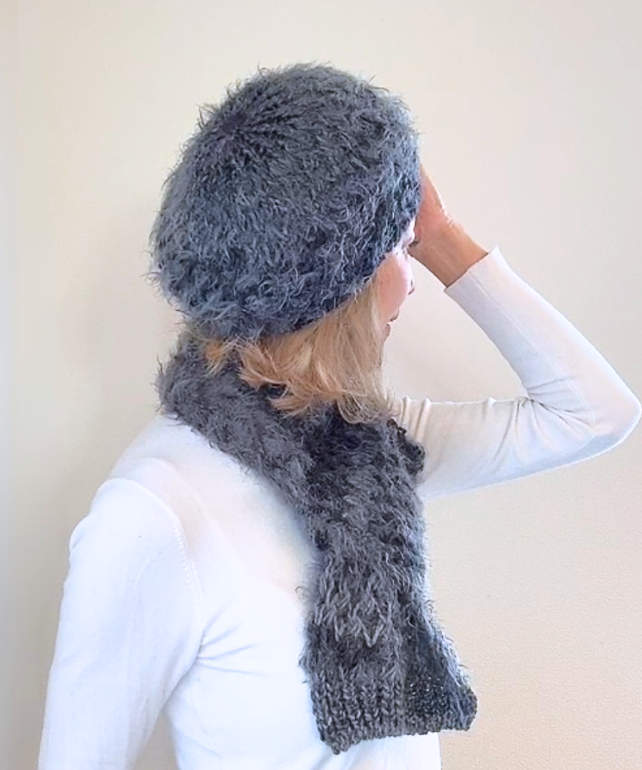 イタリア製 ニット｜ストール＆ベレー セット｜チャコール・ミスト