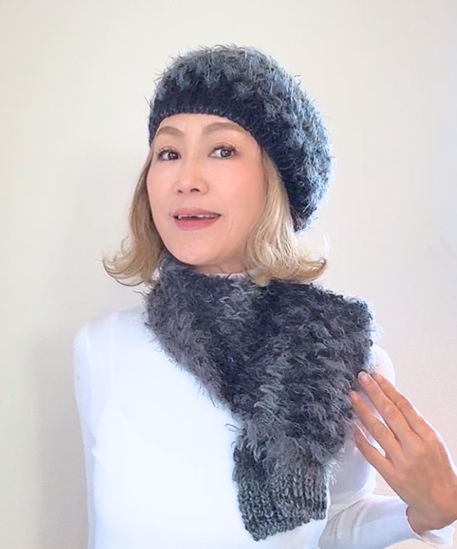 イタリア製 ニット｜ストール＆ベレー セット｜チャコール・ミスト