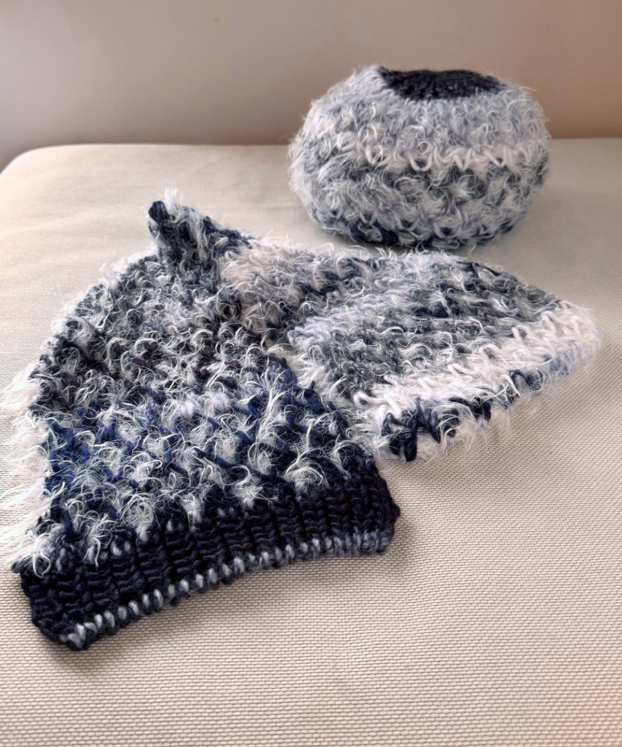 イタリア製 ニット｜ストール＆ベレー セット｜ネイビー・アイスホワイト