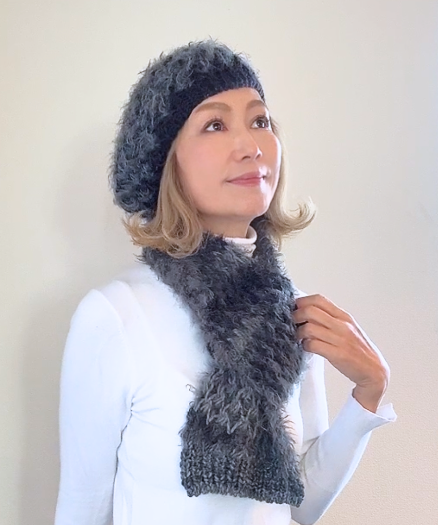 イタリア製 ニット｜ストール＆ベレー セット｜チャコール・ミスト