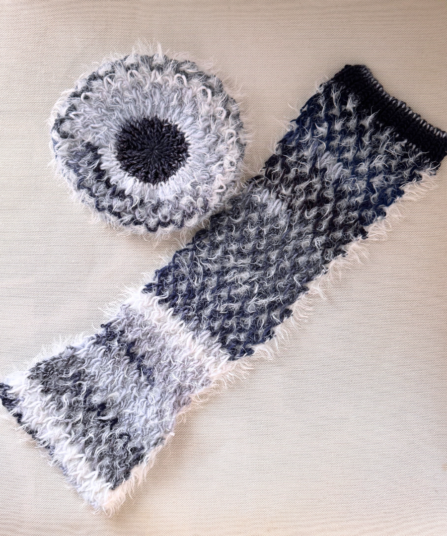 イタリア製 ニット｜ストール＆ベレー セット｜ネイビー・アイスホワイト
