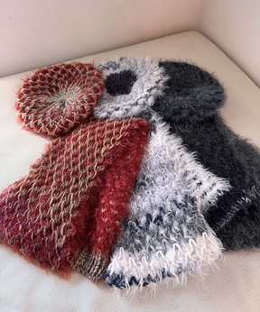 イタリア製 ニット｜ストール＆ベレー セット｜チャコール・ミスト