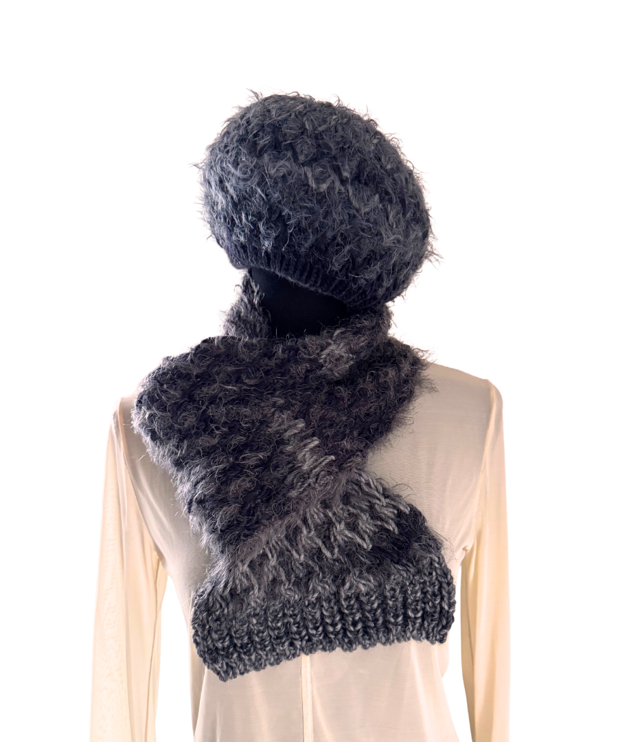 イタリア製 ニット｜ストール＆ベレー セット｜チャコール・ミスト