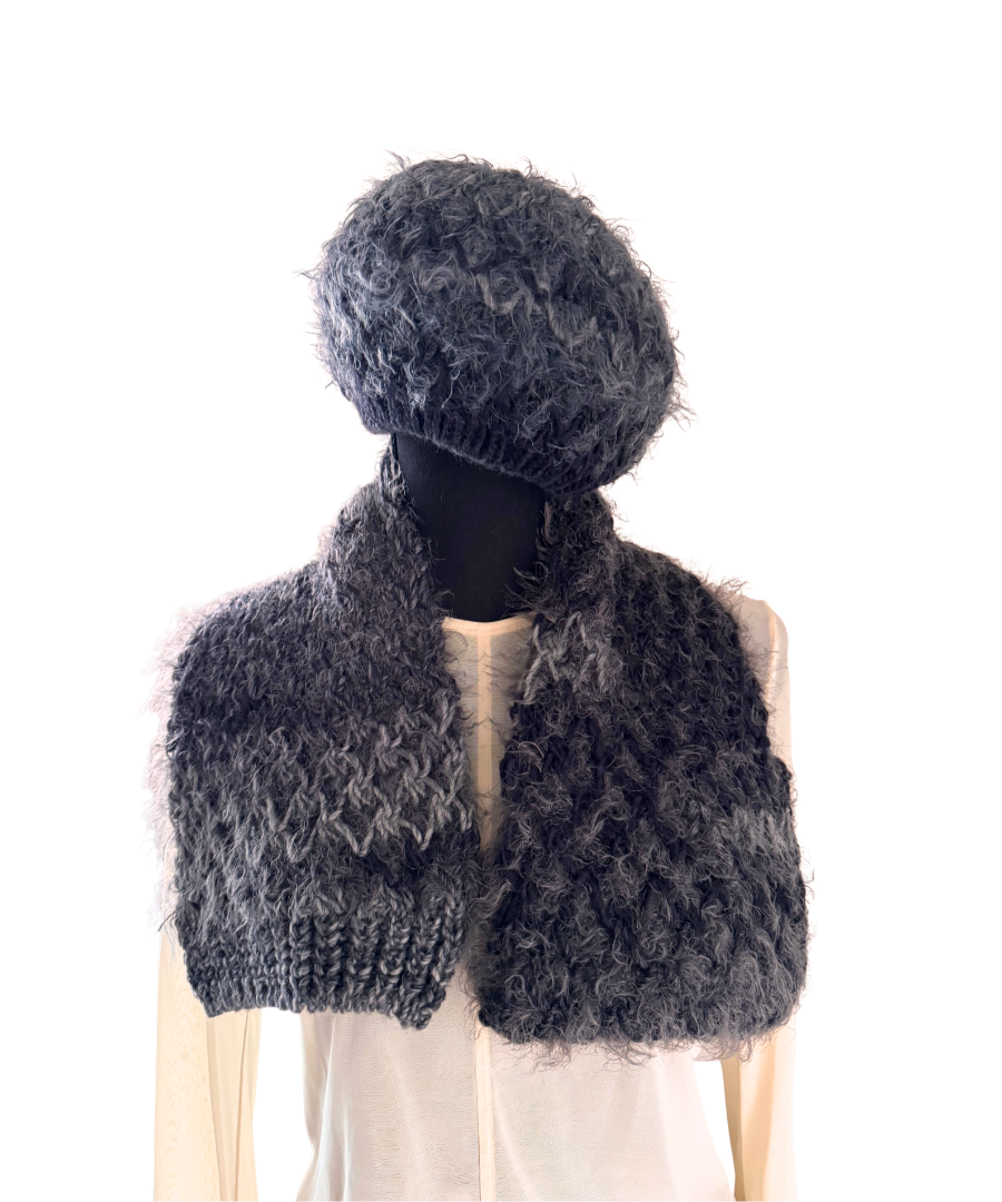 イタリア製 ニット｜ストール＆ベレー セット｜チャコール・ミスト