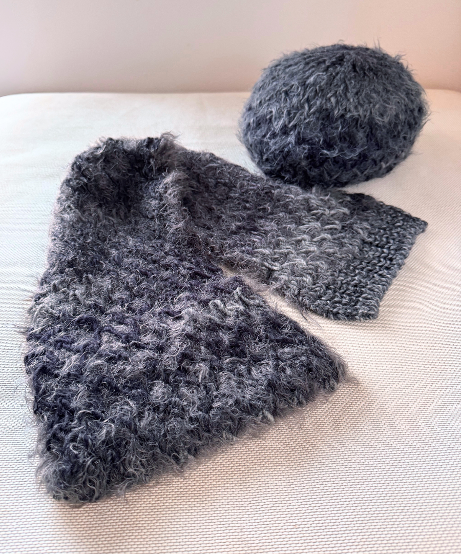 イタリア製 ニット｜ストール＆ベレー セット｜チャコール・ミスト