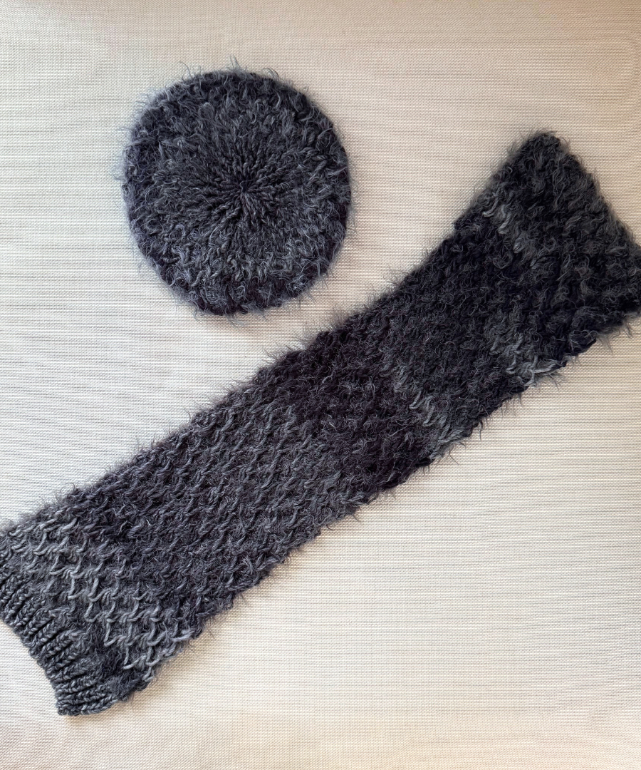 イタリア製 ニット｜ストール＆ベレー セット｜チャコール・ミスト