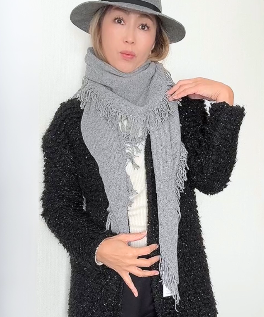 イタリア製 カシミヤ混｜三角フリンジストール｜メランジュグレー