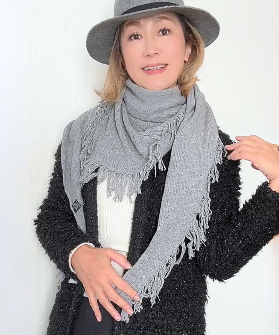 イタリア製 カシミヤ混｜三角フリンジストール｜メランジュグレー